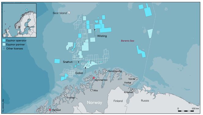 Wisting-feltet ligger i Barentshavet, 310 kilometer fra land. Illustrasjon:  Equinor
