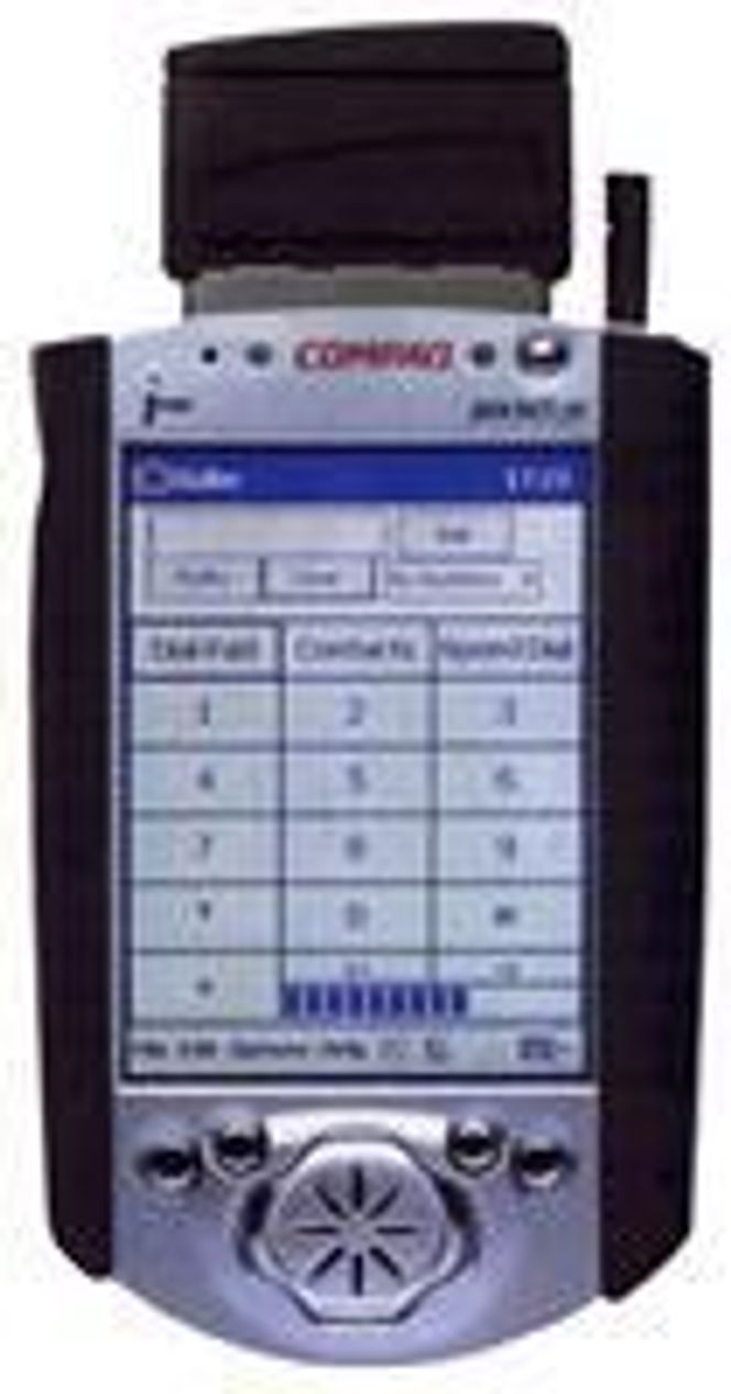 Compaq iPAQ lomme-PC med jakke, PC-kort og antenne. Foto:  Compaq