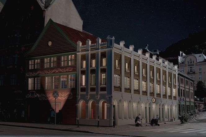 Analyser viser at Tasken opprinnelig hadde naken stein og grå murpuss, mens Sjøstuen var dekket av 1700-tallets rankedekor. Arkitektene vurderer å projisere rankedekoren de har funnet under flere lag maling istedenfor å male den på nytt. Det er mest antikvarisk skånsomt. I så fall kan Det hanseatiske museum bli seende slik ut når det åpner igjen. Illustrasjon:  b+b arkitekter