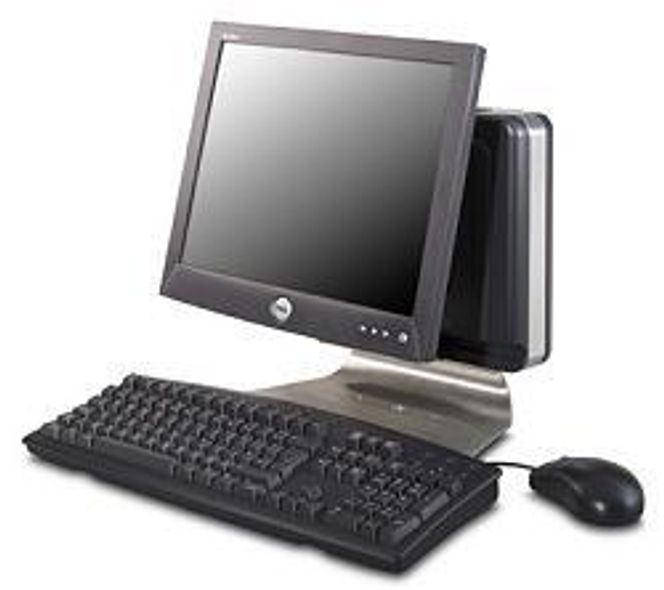 Dell Optiplex SX260 med PC-en montert bak flatskjermen. Foto: Dell
