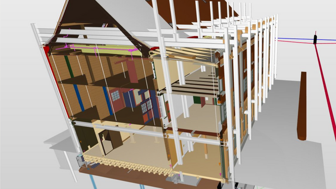 Dette BIM-utsnittet viser prinsippet for hvordan jekkeriggens søyler og tverrbjelker er tredd gjennom konstruksjonen for å heve de vernede bygningene. Illustrasjon:  Sweco