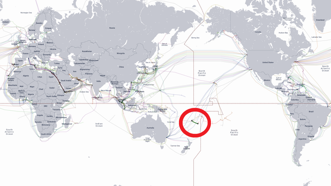 Tonga har bare en enkelt sjøkabel som forsynte landet med Internett. Skjermbilde: Telegeography
