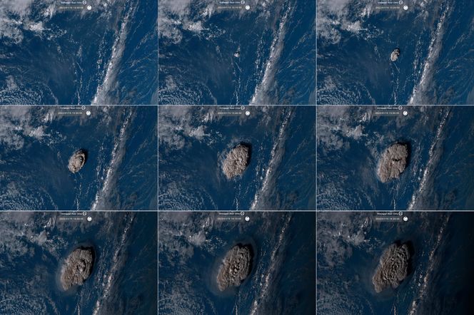 Satellittbilder viser utbruddet i vulkanen Hunga Tonga-Hunga Ha'apai. Det utløste store tsunamibølger, rammet havbunnen med kraften til en atombombe og dekket Tonga i et tjukt lag med vulkansk aske. Tre mennesker mistet livet. Foto: NICT via AP / NTB