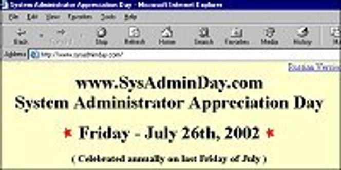 Skjermdump fra nettsiden sysadminday.com som markerer at den siste fredag i juli er System Administrator Appreciation Day.
