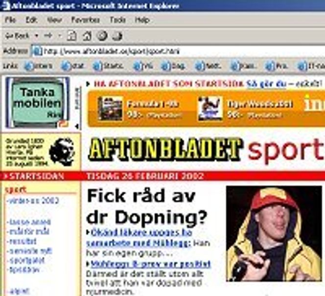 Forsiden av Aftonbladets sportsseksjon i forbindelse med Mühlegg-saken. Faksimile: Aftonbladet.se