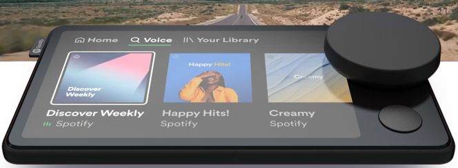 Spotify Car Thing har blant annet et stort, fysisk hjul for å kontrollere avspillingene. Illustrasjon: Spotify