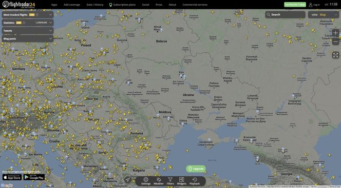 Ingen sivil luftfart over Ukraina klokken 12.08 norsk tid 24. februar 2022 ifølge Flightradar24. Faksimile: Flightradar24