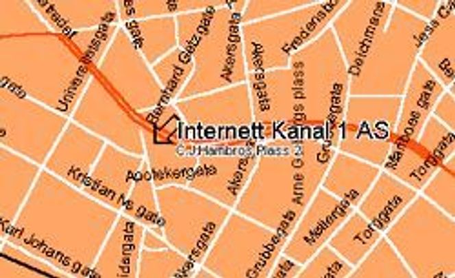 Bilde fra kartet i bedriftsdatabasen Market Select fra Marketinform. Det viser lokalisering av Internett Kanal 1, utgiveren til digi.no. Skjermbilde: Digi.no