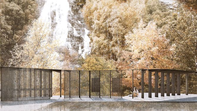 Installasjonen ved Flesefossen i Ryfylke er tegnet av arkitektkontoret Haugen/Zohar Foto: Haugen/Zohar Arkitekter