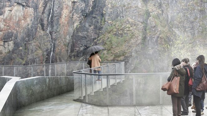 Til sommeren vil anlegget over anlegget ved Vøringsfossen med utsiktsplattformer være komplett Illustrasjon: Carl-Viggo Hølmebakk (cvh)