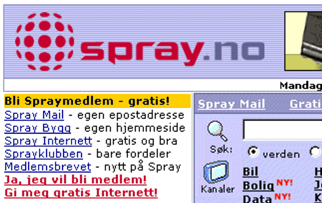 Toppen av Spray.no. Skjermbilde: Digi.no