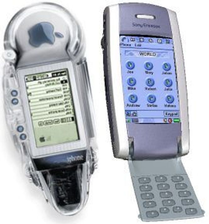 To år gammelt fantasibilde av en «iPhone» (t.v.) ved siden av en Sony Ericsson P800. Illustrasjon: theapplecollection.com