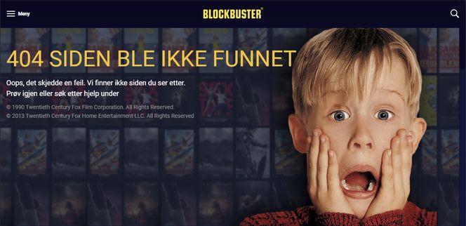 Det er vanligvis ikke like sjokkerende å møte en 404-side som det er for Kevin McCallister å oppdage at han er hjemme alene. Men det kan nok være unntak. Faksimile: Blockburster.no