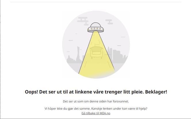 Slik forklarer Ikea hvor møbler (eller websider) iblant bare blir borte. Fra selskapets 404-side. Faksimile: ikea.com