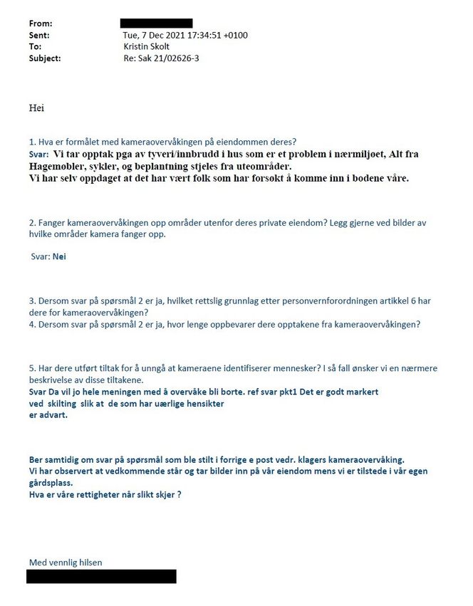 I påklager svar til datatilsynet kommer det frem at de ikke overvåker naboens eiendom. Skjermbilde: Brev fra datatilsynet