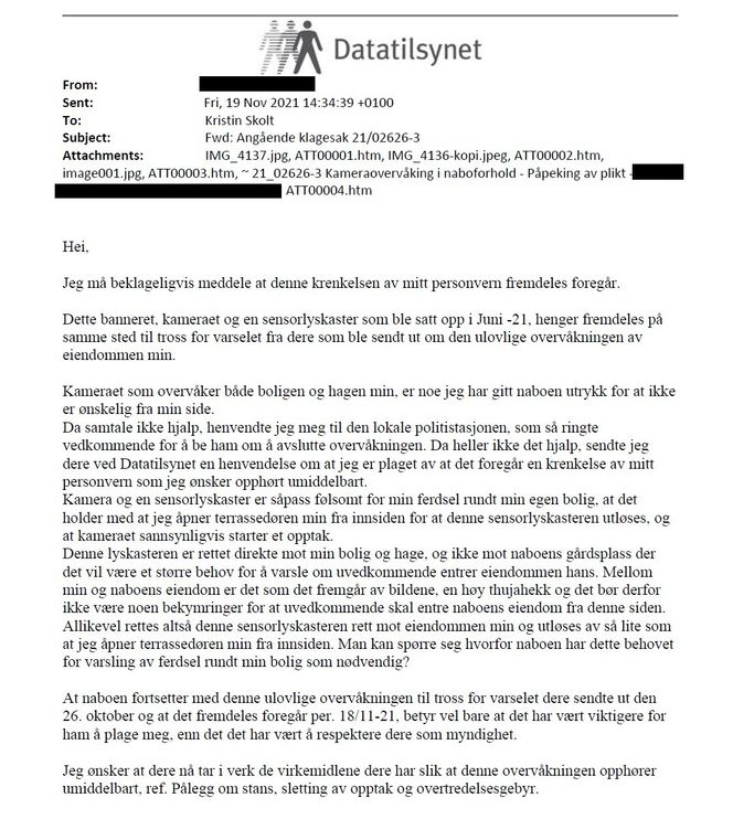 Klager sender inn sin andre klage på kameraovervåking Skjermbilde: Brev fra Datatilsynet