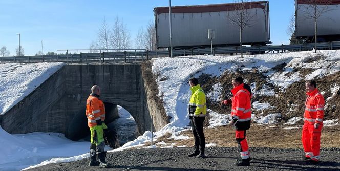 Dobloug Entreprenør har planert riggplassen, og er snart klare til å starte bygging av ny bru over Vingerjessa. Fv: Formann Bjørn Olav Engh og prosjektleder Karl Magnus Dobloug, Dobloug Entreprenør, prosjektleder Arne Meland og byggeleder Brede Løvlien, Statens vegvesen. Foto:  Martine Engen, Dobloug Entreprenør