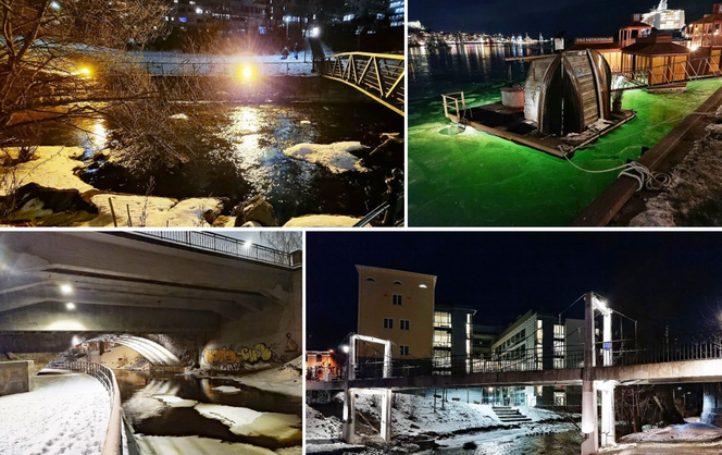 Lyset i Akerselva og i Oslofjorden kommer fra blant annet dekorativ lyssetting, gatelykter, skilt, båter og undervannslys fra badstuer. Oslo Badstuforening har skrudd av lyset under badstuen på bildet etter å ha blitt kjent med forskningsprosjektet. Foto:  Romain Fontaine/NMBU