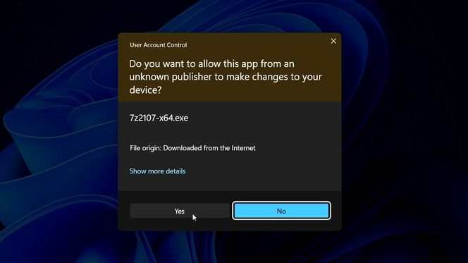 Smart App Control tillater at 7zip-appen kjøres, selv om den ikke er signert. Men brukeren må samtykke først. Skjermbilde: Microsoft
