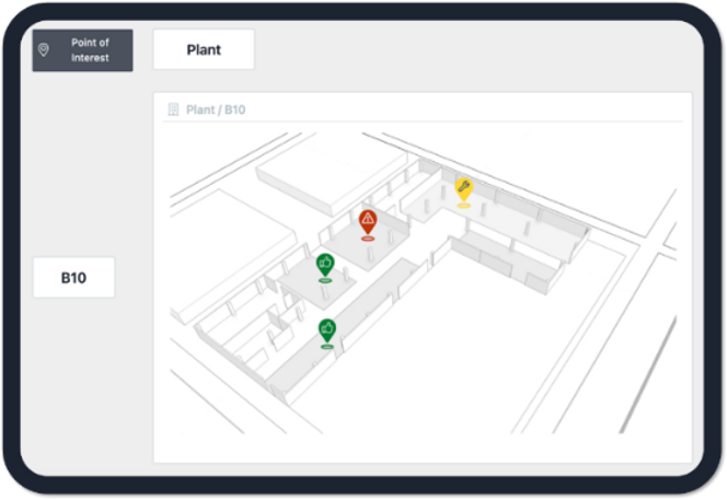 Smart Factory oversikt med sanntidstatus for produksjons enheter og maskiner, ned-drillbart.