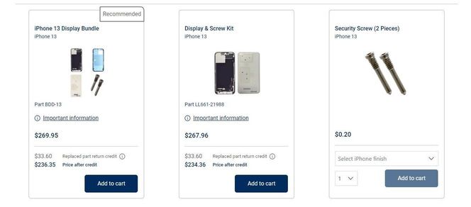 Nettbutikken er strukturert etter telefonmodell og type reparasjon. Skjermbilde: Apple