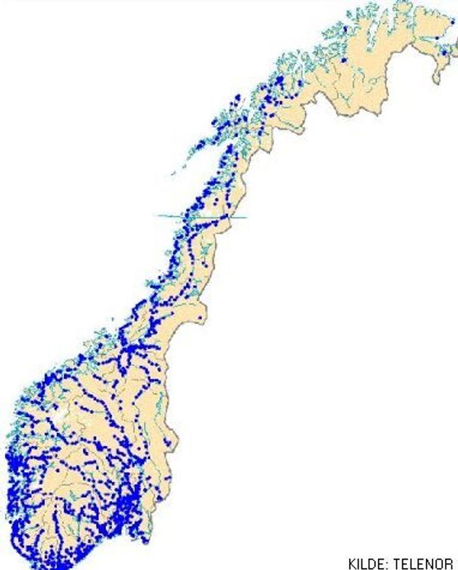 Telenors fibernoder i Norge i oktober 2000. Illustrasjon: Telenor