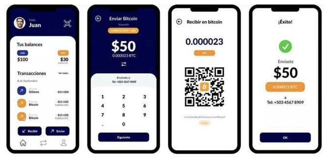 Appen har funksjonalitet for å betale og motta dollar og bitcoin kontaktløst – og for å spare opp penger. Skjermbilde:  Chivo Wallet