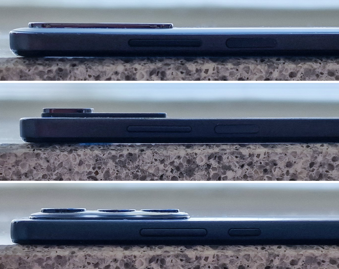Det at kameraene på Redmi Note 11 (øverst) ikke stikker langt ut, er ikke noe kvalitetstegn. Redmi Note Pro 11 (i midten) har vesentlig bedre kameraer enn billigmodellen og en sensor som trenger mer avstand til optikken. Motorola Edge 30 (nederst) har lite kamerautstikk til å ha så gode kameraer og å være så tynn. Foto: Odd Richard Valmot