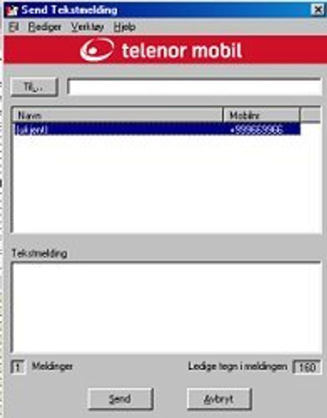 SMS-sending fra Outlook. Skjermbilde: Telenor Mobil