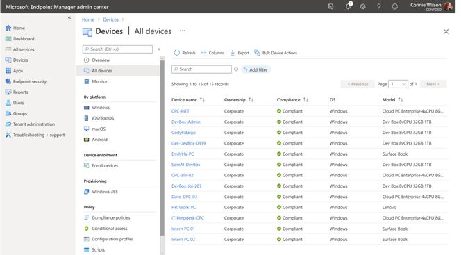 Fordi Dev Box-tjenesten er integrert med Windows 365, kan Dev Box-enhetene administreres sammen med Cloud PC-er i Microsoft-verktøy som Intune og Endpoint Manager. Skjermbilde:  Microsoft