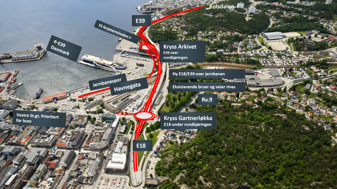Et oversiktsbilde som viser hvor stort byområde som blir involvert i Statens vegsesen sitt prosjekt E18/E39 Gartnerløkka – Kolsdalen i Kristiansand. Illustrasjon: Statens vegvesen