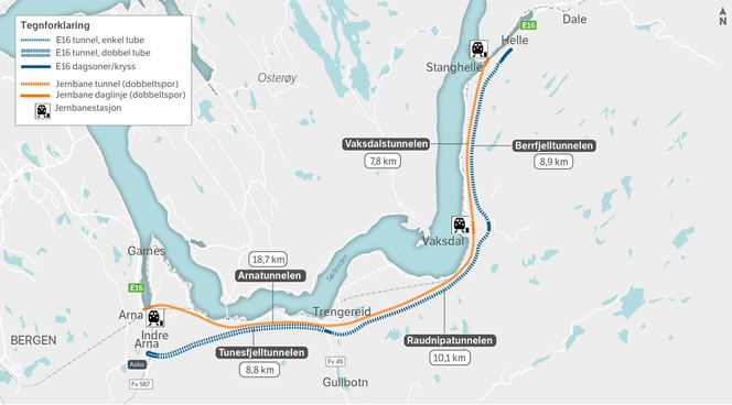Slik kan nærmere tre mil med ny E16 og Bergensbane mellom Arna og Stanghelle bli seende ut. Foto: Statens vegvesen v/ Brit Elve Strand
