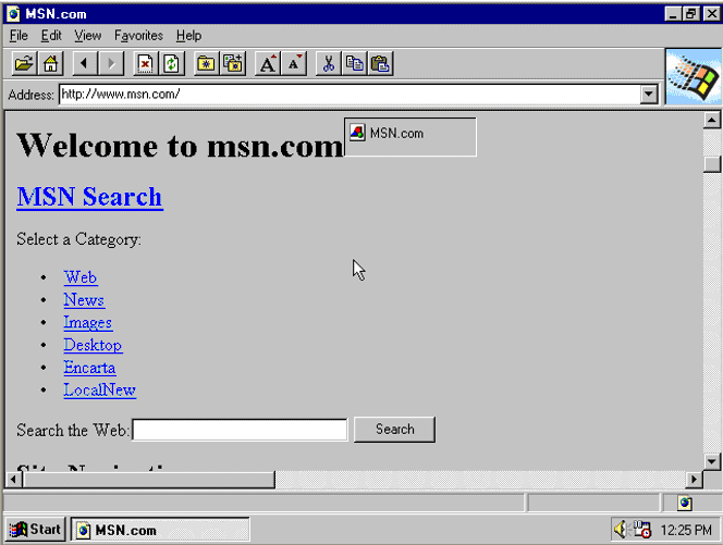 Internet Explorer 1.0 fra 1995. Her er MSN.com åpen i nettleseren. Skjermbilde: Microsoft