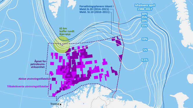 De aktuelle blokkene ligger innenfor området som er åpnet for petroleumsvirksomhet, og utenfor dagens iskantsone. Hadde man tatt i bruk 0,5 prosent isfrekvens i april som definisjon av iskanten, ville de havnet innenfor sonen. Illustrasjon:  Norsk Polarinstitutt