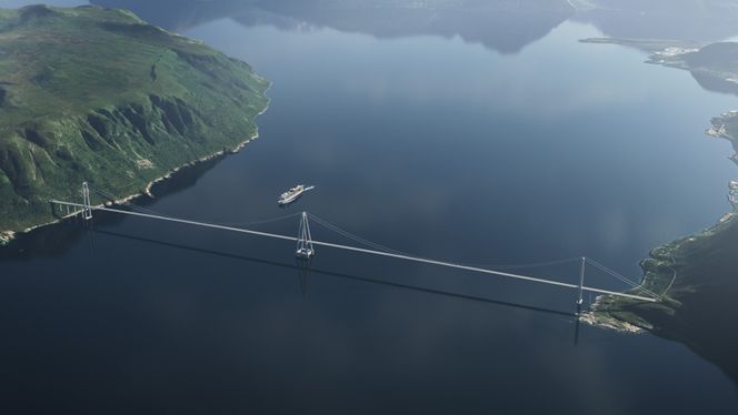 Hengebru i to spenn i korridor 1 over Sulafjorden med sentralt tårn på gravity-based structure Foto:  Dissing+Weitling/AMC