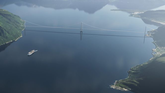 Hengebru i to spenn i korridor 2 over Sulafjorden med sentralt tårn på gravity-based structure (GBS) Foto:  Dissing+Weitling/AMC