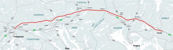 Foreliggende forslag til reguleringsplan for ny E18 Tvedestrand-Bamble fra 2021. Illustrasjon: Nye Veier