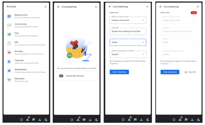 Innstillinger i Google Meet for Live streaming-funksjonen. Skjermbilde: Google