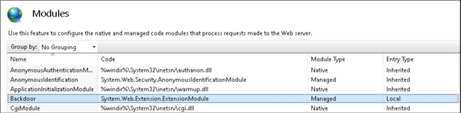 Hvilke IIS-moduler er legitime og hvilke er ondsinnede? For det er lite sannsynlig at de ondsinnede har navn som «Backdoor». Skjermbilde: Microsoft