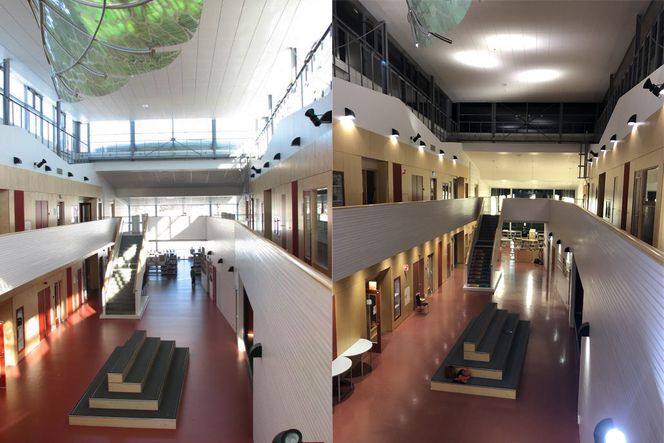 Foajeen i Fagereng skole i Tromsø med dagslys om sommeren (t.v.) og med kunstig lys om vinteren (t.h). Arkitekt: Fråne Hederus Malmström arkitekter og Arkitektlaget. Foto:  HMXW arkitekter og Solvår Wågø/Sintef
