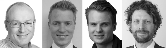 Ole-Morten Midtgård (t.v.), Runar Mellerud og Jonas Kristiansen Nøland jobber på NTNU, Christian Hartmann (t.h.) jobber på Institutt for energiteknikk (IFE). Foto: Privat