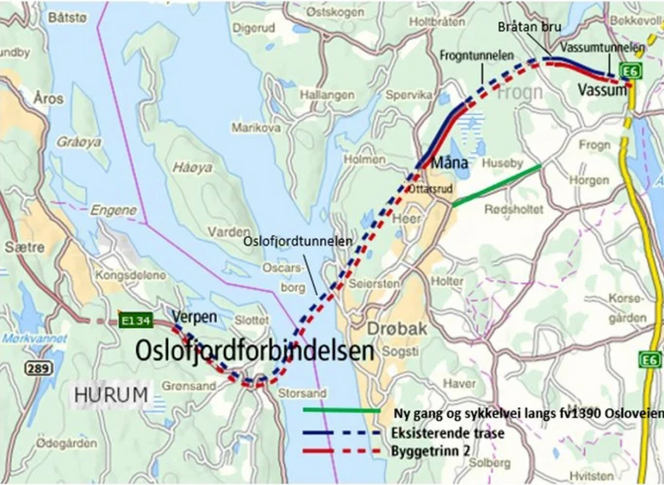Prislappen for en ny Oslofjordforbindelse er 5,8 milliarder kroner. Illustrasjonen viser eksisterende trasé i blått, foreslått ny trasé i rødt. I øst kommer Oslofjordtunnelen (E134) opp i dagen ved Måna i gamle Akershus fylke. Foto: Statens vegvesen