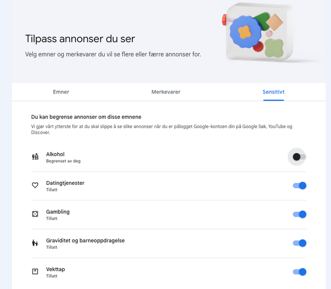 Emner Google har definert som «sensitive», er det mulig å velge bort. Skjermbilde: Google