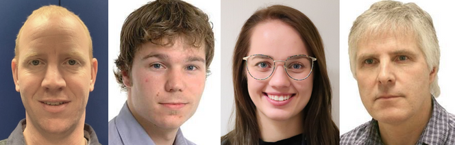 Ole Stastad (t.v.) er hovedtillitsvalgt for Tekna i Nammo Raufoss, Pål Gunnar Conradi er hovedtillitsvalgt for Tekna i Kongsberg Defence & Aerospace (KDA), Susanne Westrum er hovedtillitsvalgt for Nito i Nammo Raufoss, og Helge Lintvedt er hovedstillitsvalgt for Nito i KDA. Foto: Privat