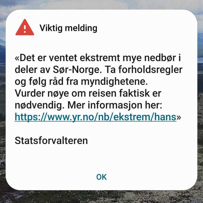 Nødvarsel blir sendt ut til personer som kan bli rammet av ekstremværet i Sør-Norge. Skjermbilde:  privat
