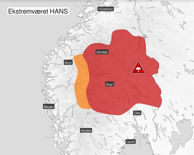 Ekstremværet er utvida og gjelder fram til onsdag morgen. Foto: Metrologene Twitter