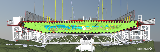 Tverrsnitt av brukassen ved tårn Knarrvika. På bildet tatt fra BIM-modellen til Norconsult ser man kompleksiteten i stålkassen med avfuktingsanlegg, ulike rekkverksløsninger, samt opphengt kjørbar vedlikeholdsvogn. Illustrasjon:  Norconsult/Nordic