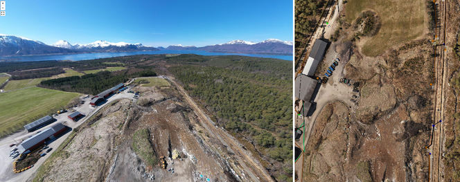 360-bildeboble (til venstre), med tradisjonelt droneortofoto og innmålt ledningsnett og kummer/sluk (til høyre).