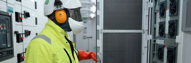 Ikledd fullt verneutstyr: Å jobbe med elektrisitet krever stort fokus på sikkerhet. Kenneth kontrollerer utstyret på et datasenter. -Vi har mange sikkerhetsprosedyrer som må følges, forteller han. Foto: Schneider Electric/ Eivind Taksrud