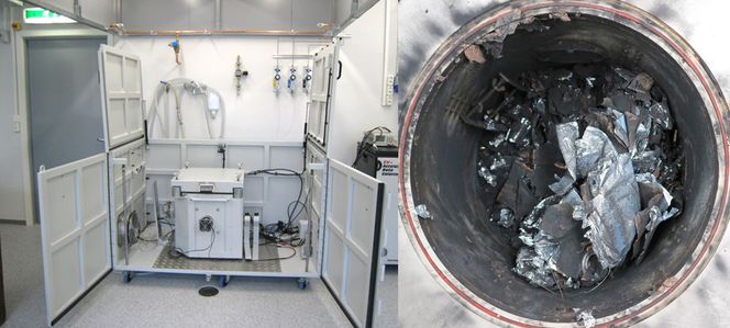 FFIs akselererende oppvarmingskalorimeter for kvantitativ testing av batterisikkerhet (venstre). Restene av et Li-ion batteri etter en sikkerhetstest i kalorimeteret (høyre). Foto: Ife